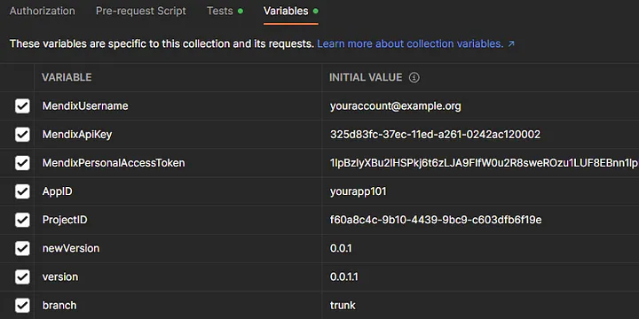 The resulting Collection Variables file. Initial values contain examples of what the variable should look like.